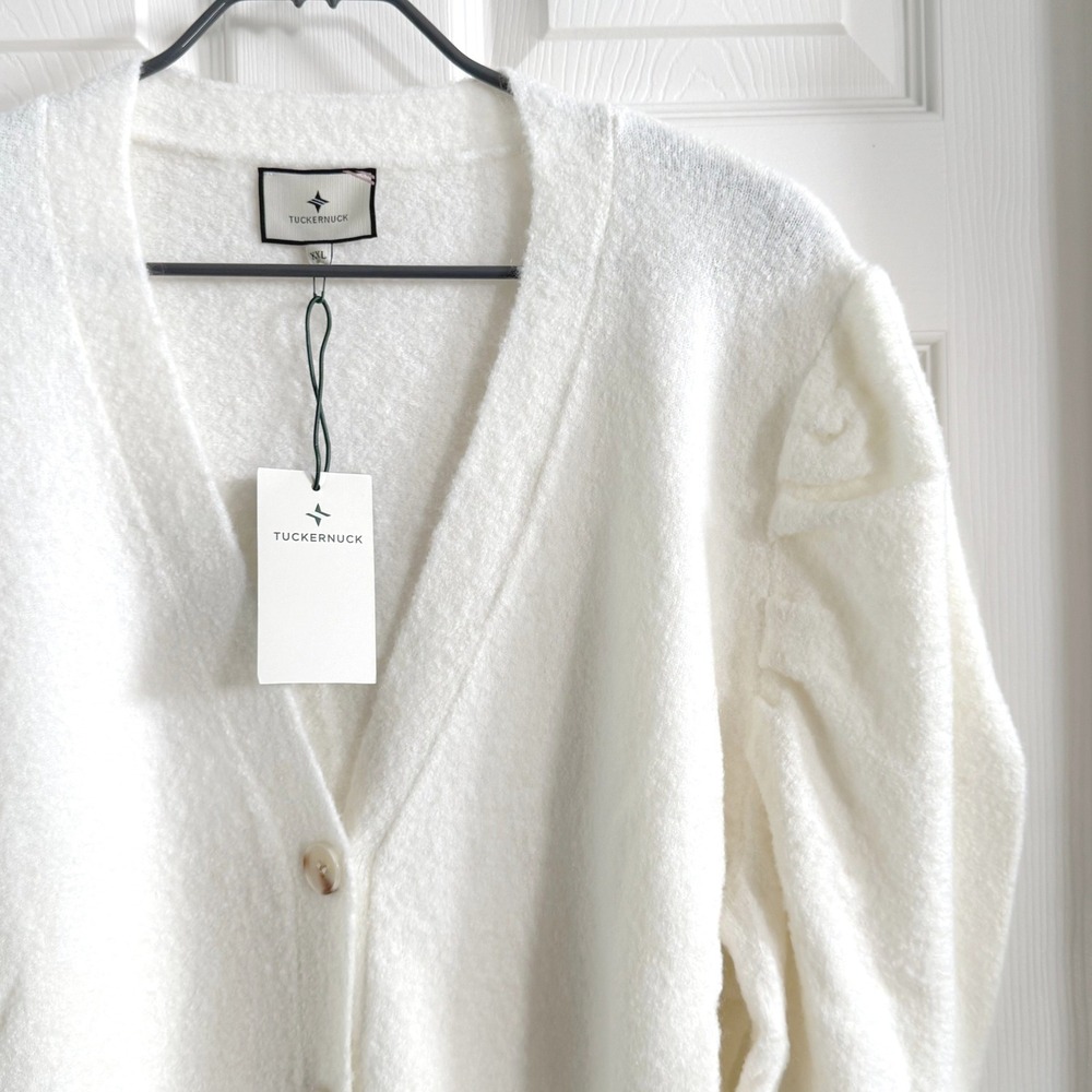 Tuckernuck Pippa Cardigan White Puff Shoulder Wool Mohair Blend Sweater XXL NWT